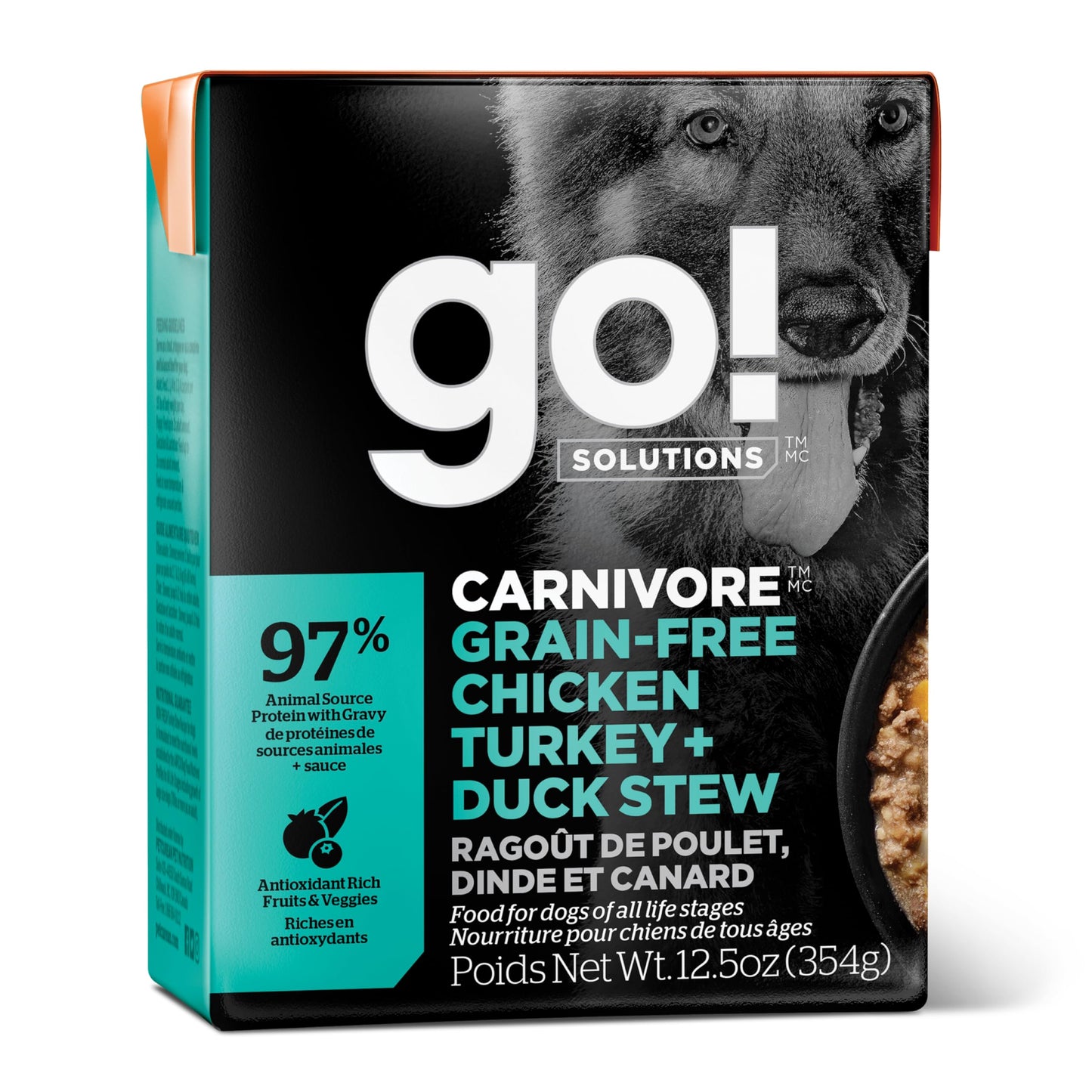 GO! SOLUTIONS Carnivore Grain-Free Wet Dog Food – Chicken, Turkey & Duck Stew, 12.5 oz