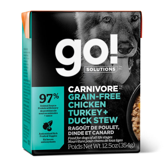 GO! SOLUTIONS Carnivore Grain-Free Wet Dog Food – Chicken, Turkey & Duck Stew, 12.5 oz